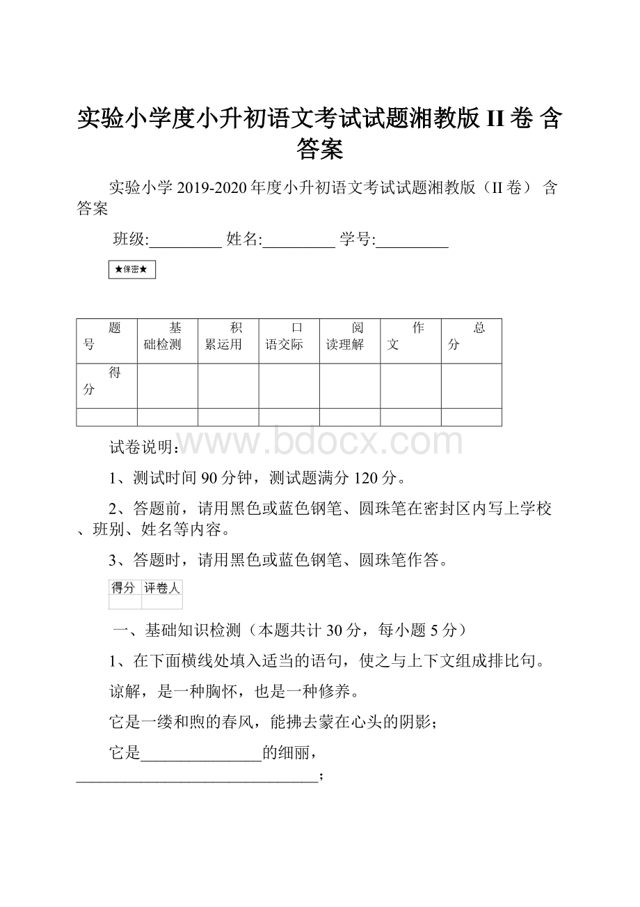 实验小学度小升初语文考试试题湘教版II卷 含答案.docx