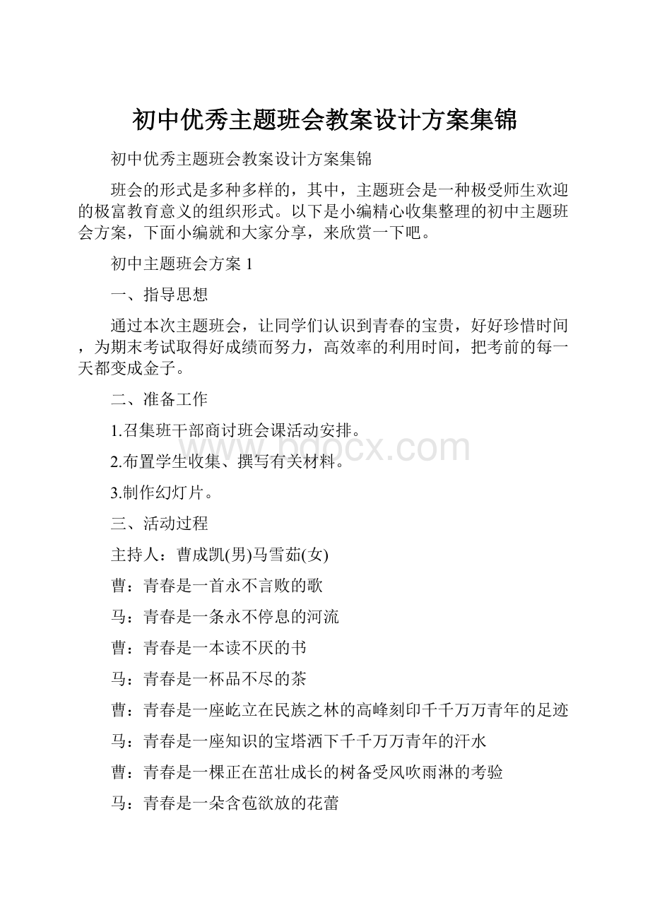 初中优秀主题班会教案设计方案集锦.docx