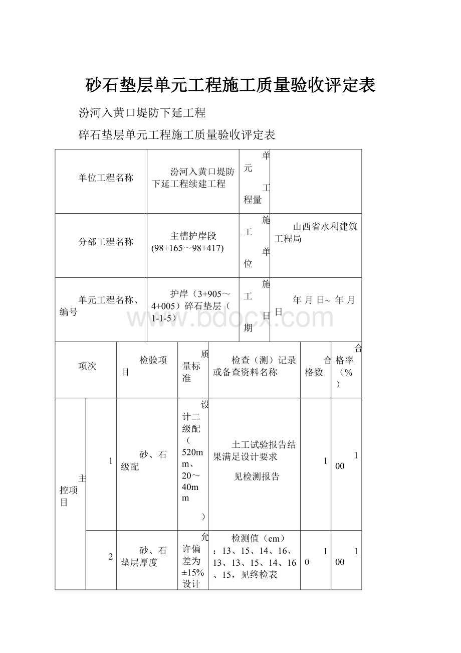 砂石垫层单元工程施工质量验收评定表.docx