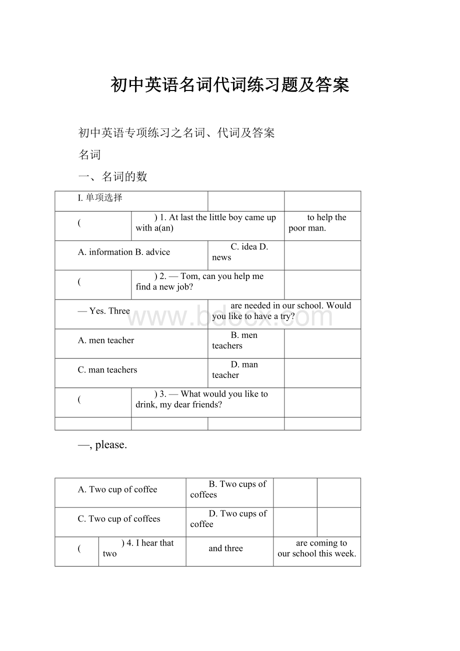 初中英语名词代词练习题及答案.docx