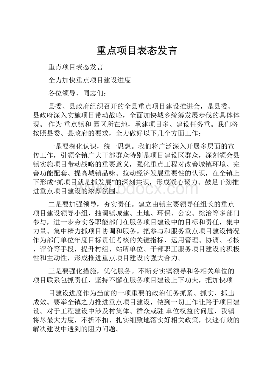 重点项目表态发言.docx_第1页