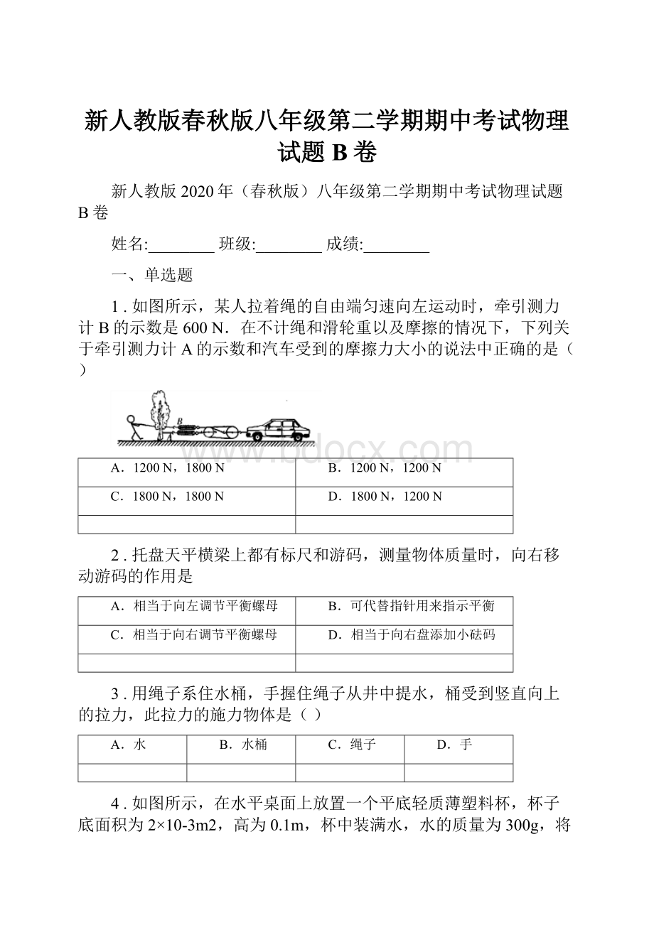 新人教版春秋版八年级第二学期期中考试物理试题B卷.docx