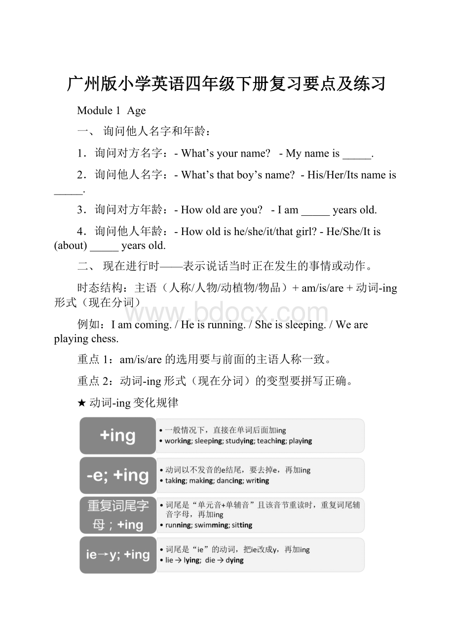 广州版小学英语四年级下册复习要点及练习.docx