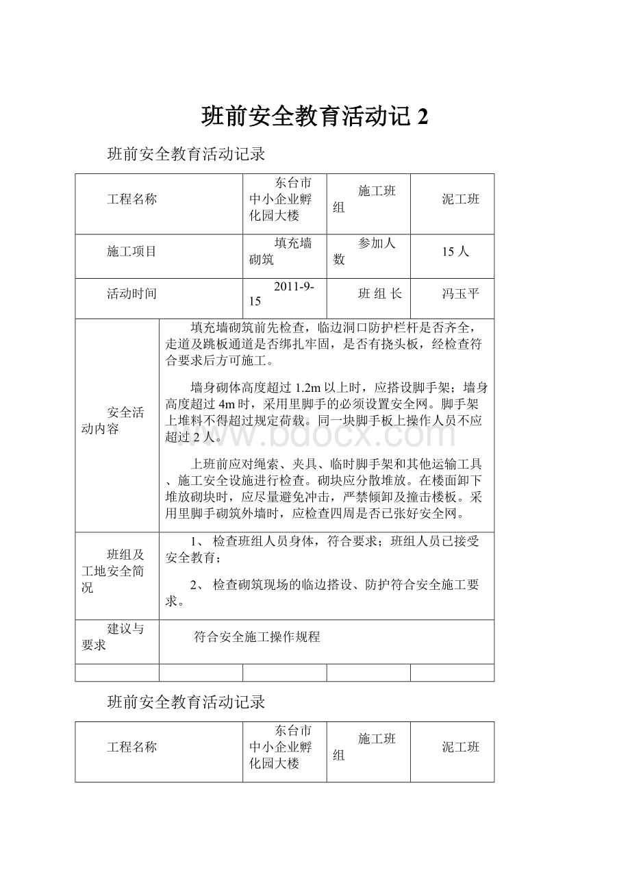 班前安全教育活动记2.docx