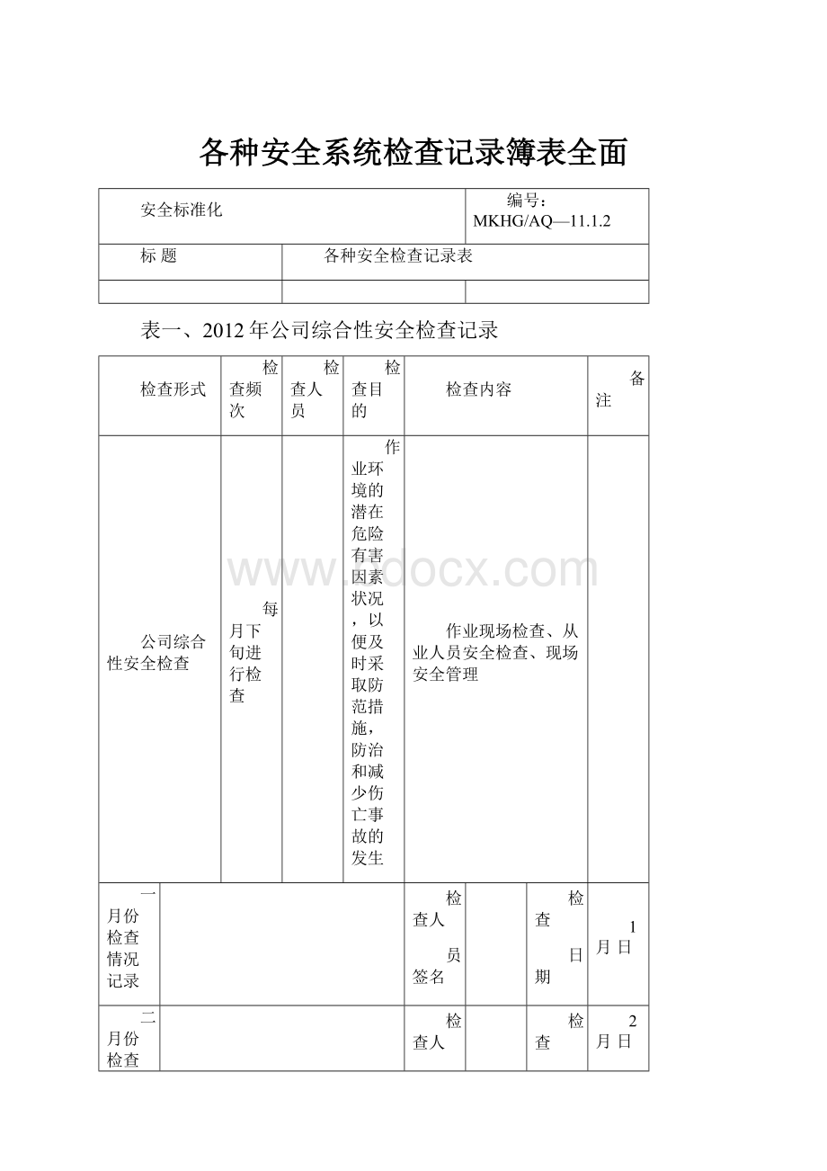 各种安全系统检查记录簿表全面.docx