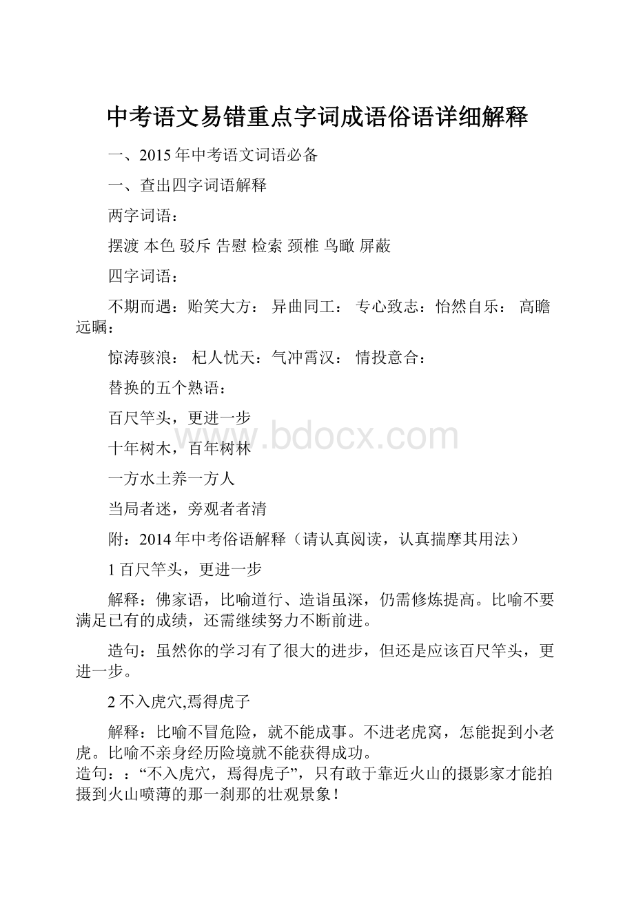 中考语文易错重点字词成语俗语详细解释.docx