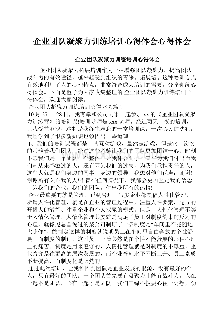 企业团队凝聚力训练培训心得体会心得体会.docx