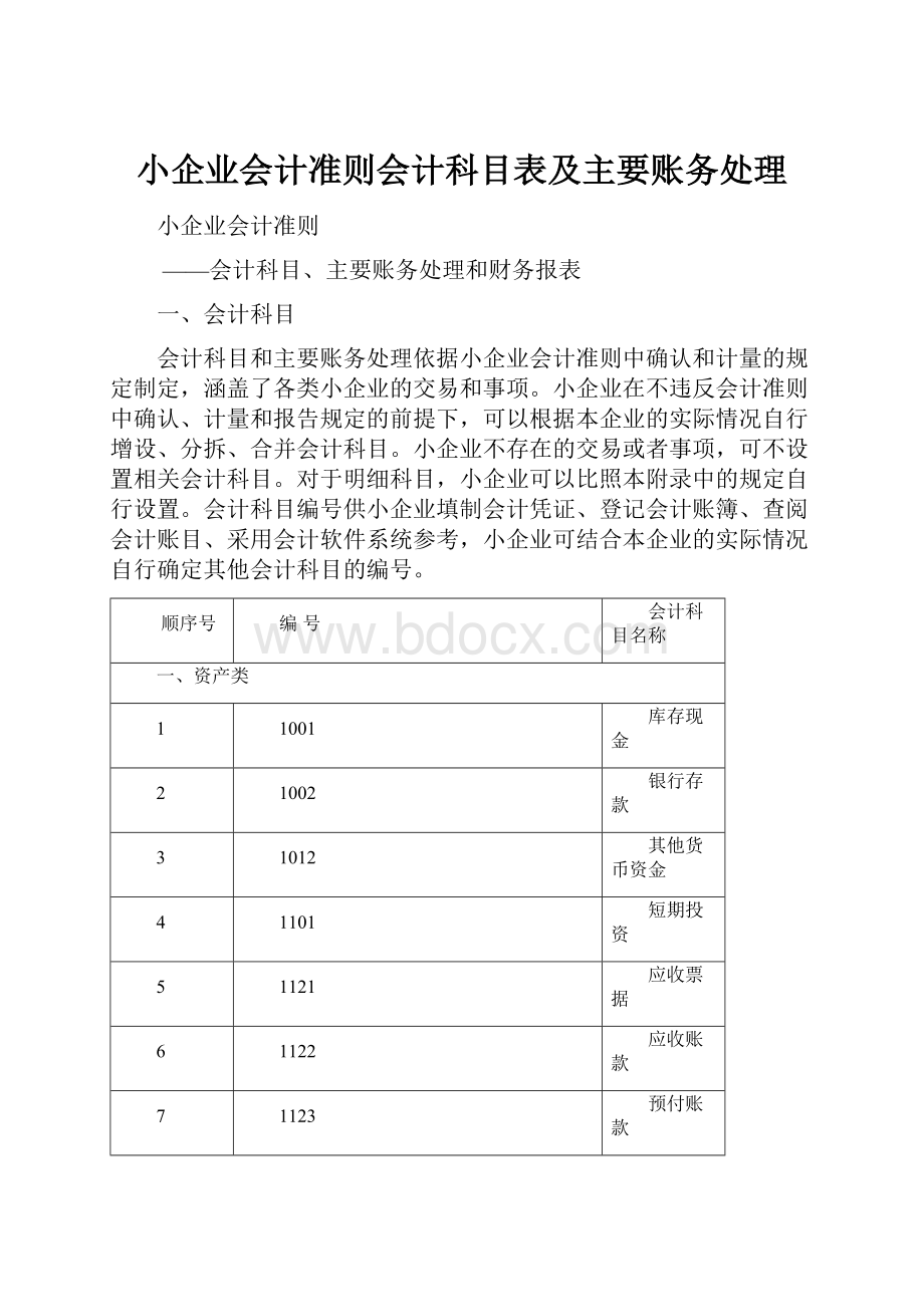 小企业会计准则会计科目表及主要账务处理.docx_第1页