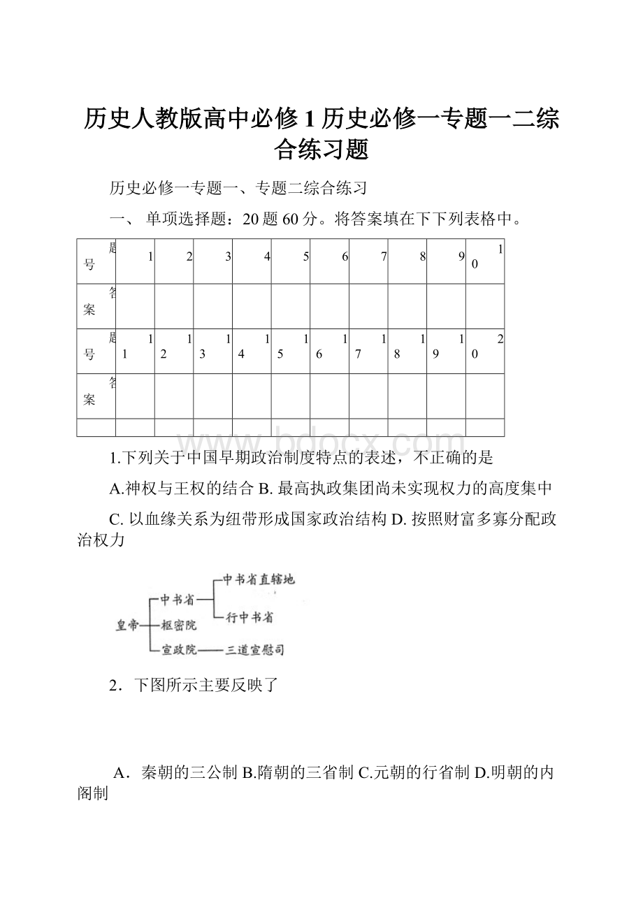 历史人教版高中必修1历史必修一专题一二综合练习题.docx