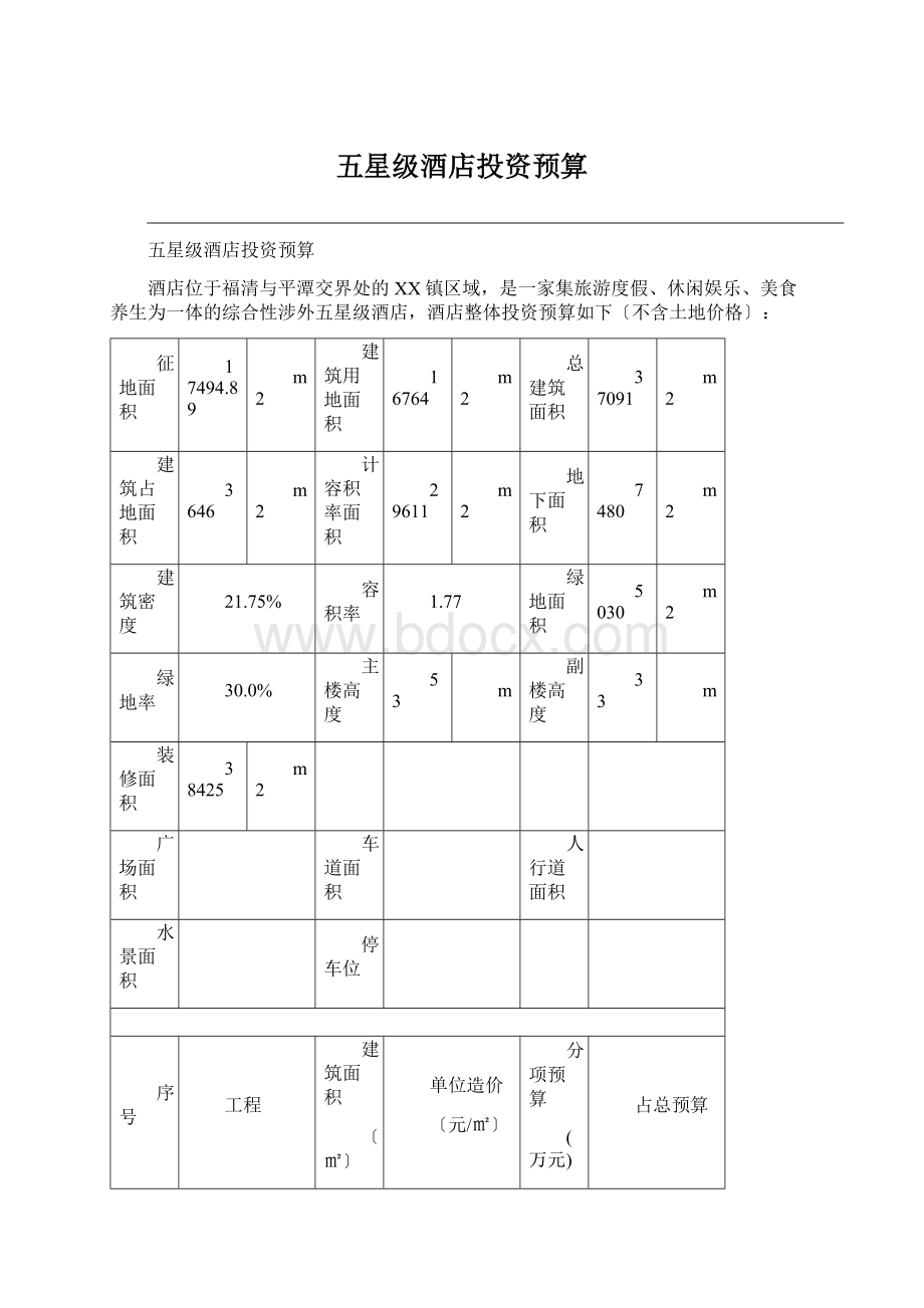 五星级酒店投资预算.docx