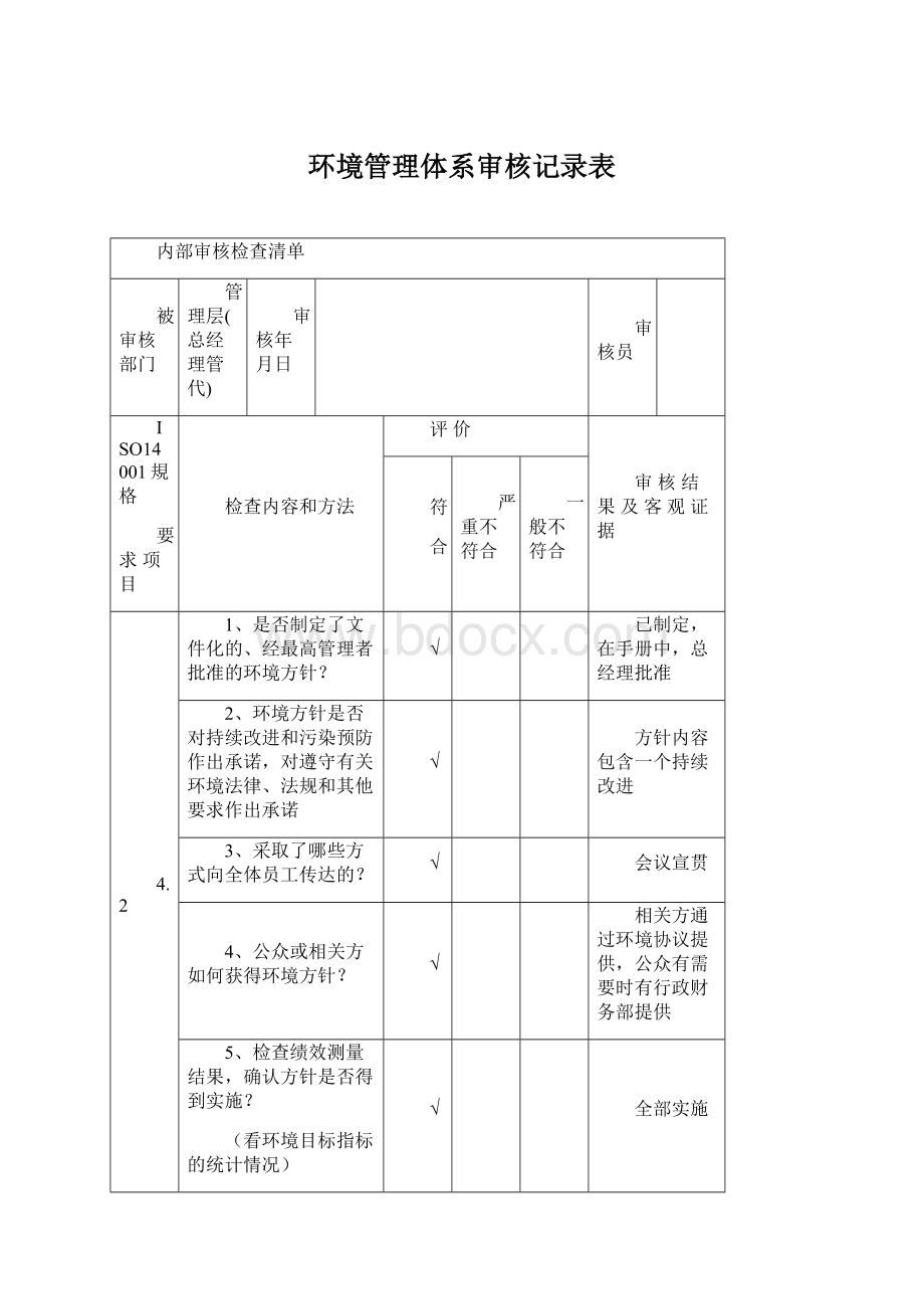 环境管理体系审核记录表.docx