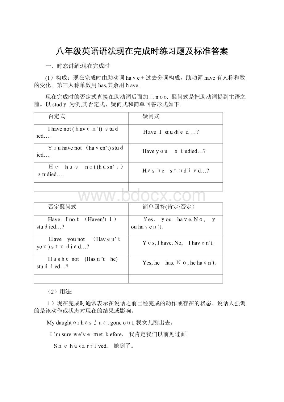 八年级英语语法现在完成时练习题及标准答案.docx_第1页