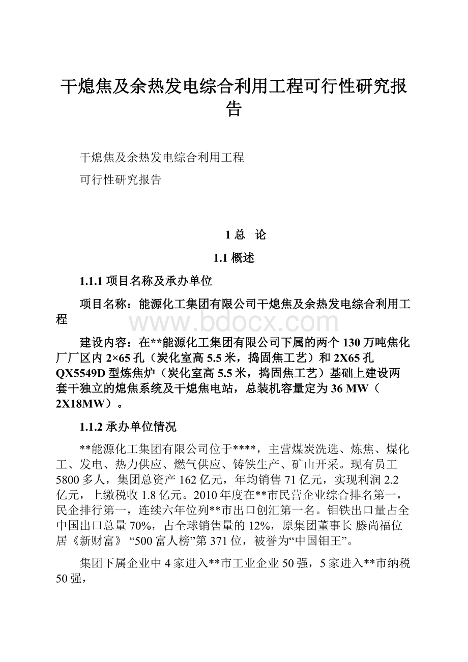 干熄焦及余热发电综合利用工程可行性研究报告.docx_第1页