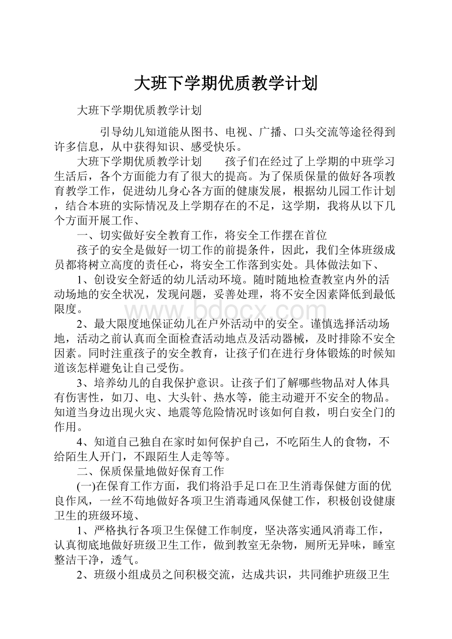 大班下学期优质教学计划.docx_第1页