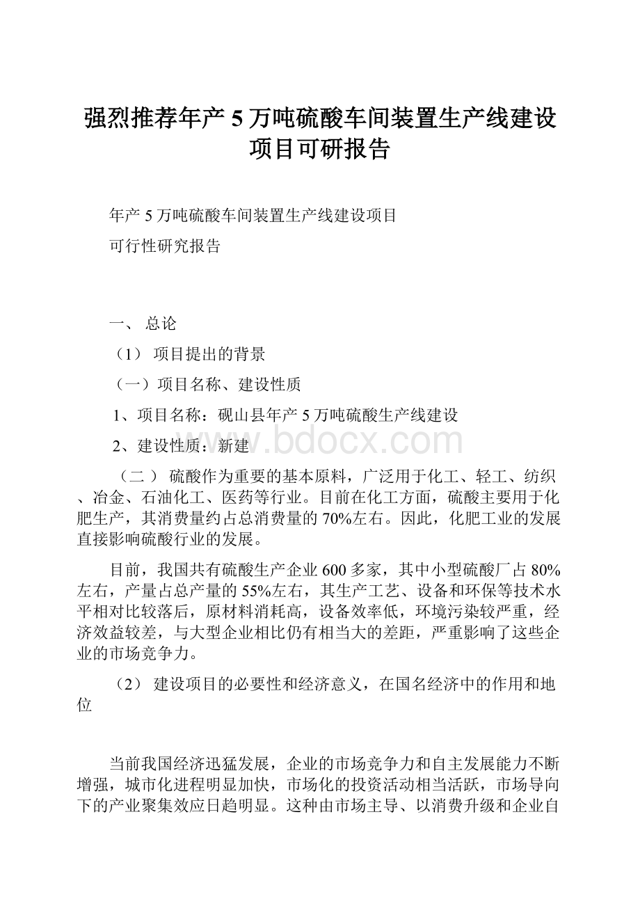 强烈推荐年产5万吨硫酸车间装置生产线建设项目可研报告.docx