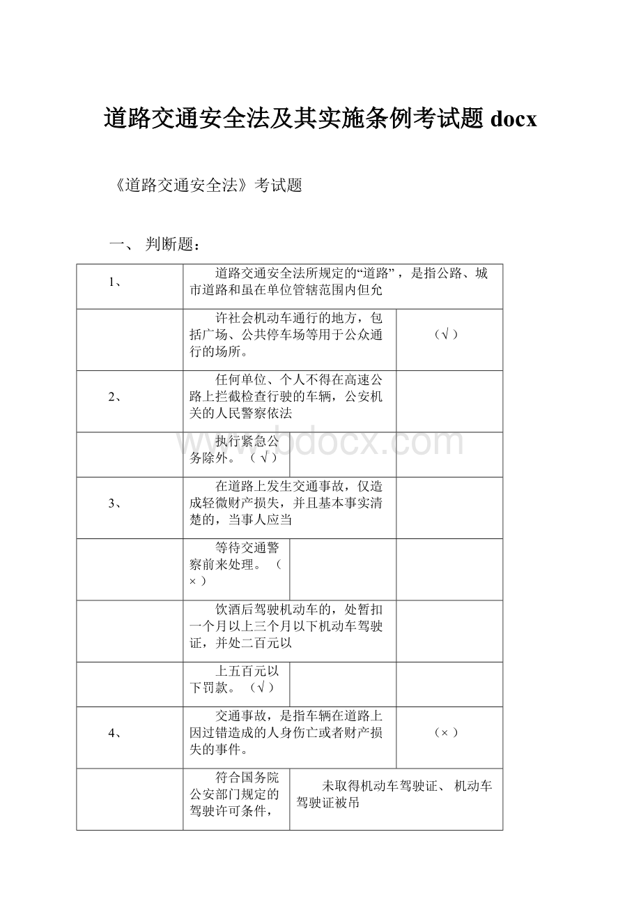 道路交通安全法及其实施条例考试题docx.docx_第1页