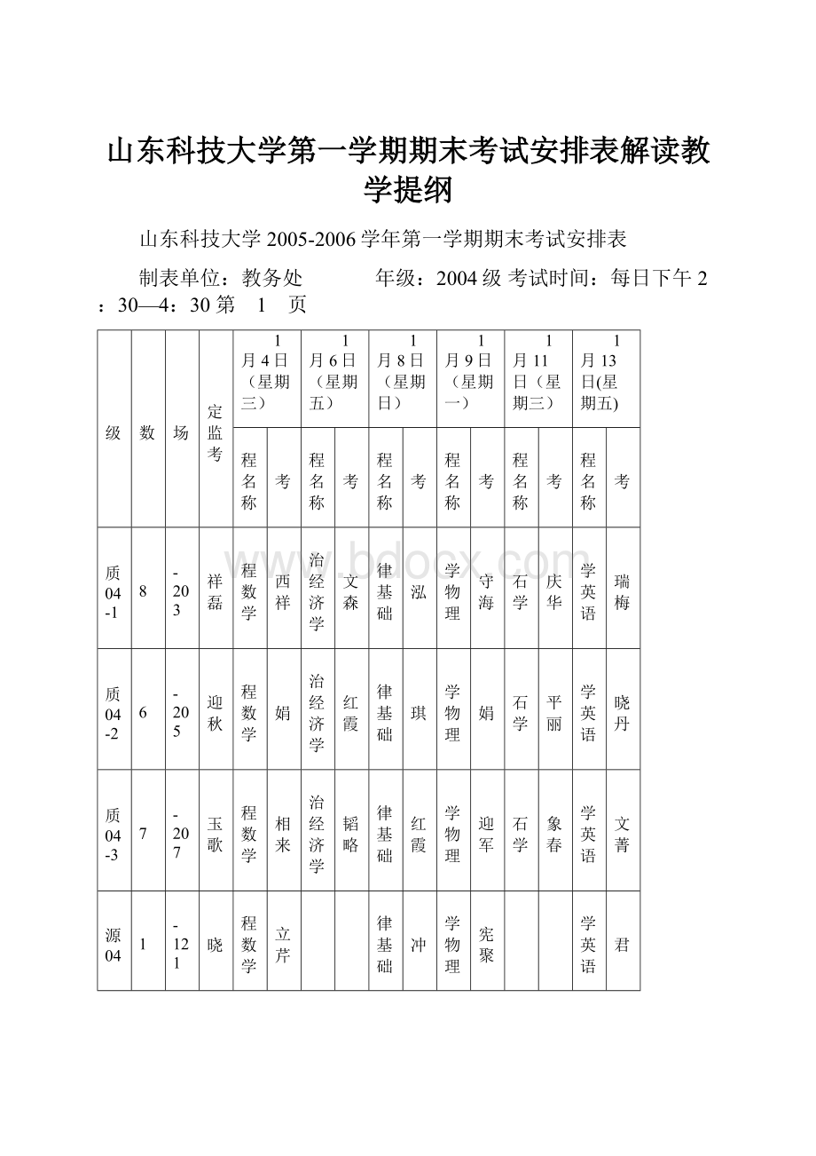 山东科技大学第一学期期末考试安排表解读教学提纲.docx