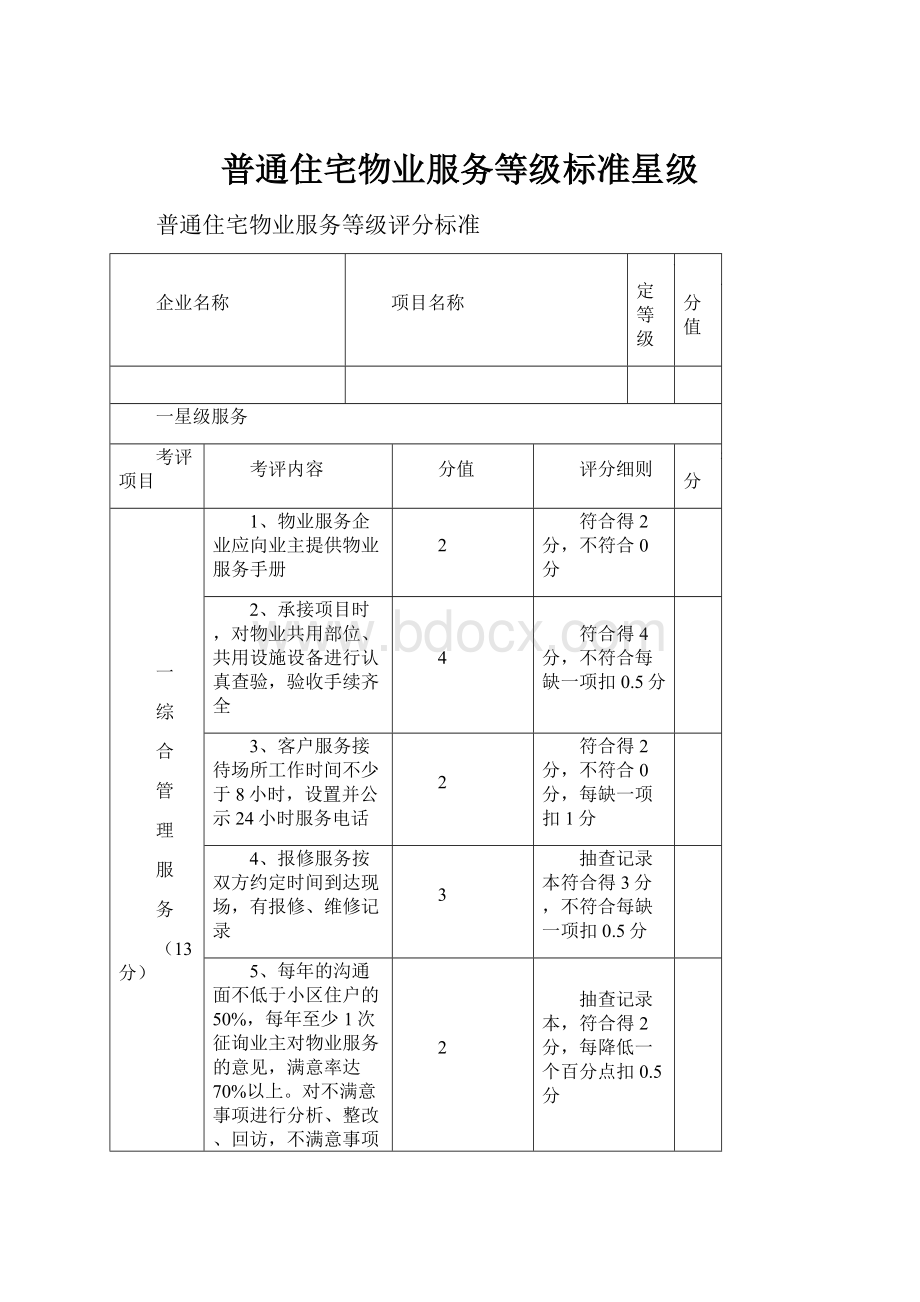 普通住宅物业服务等级标准星级.docx_第1页