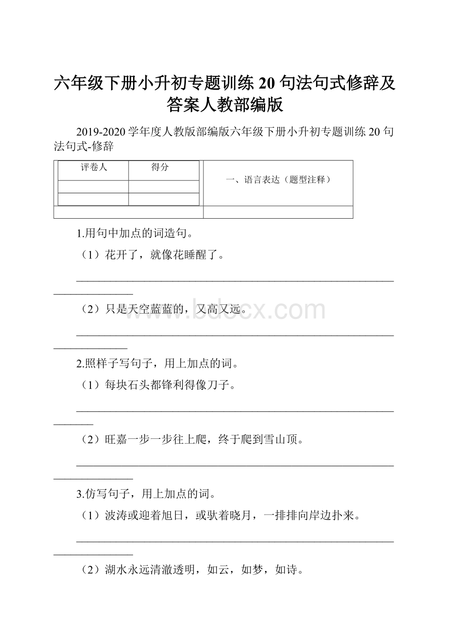 六年级下册小升初专题训练20 句法句式修辞及答案人教部编版.docx