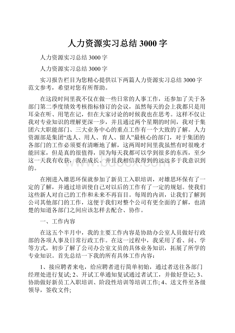 人力资源实习总结3000字.docx