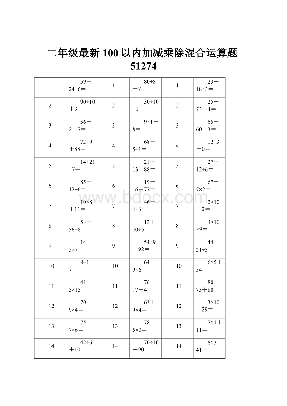 二年级最新100以内加减乘除混合运算题51274.docx