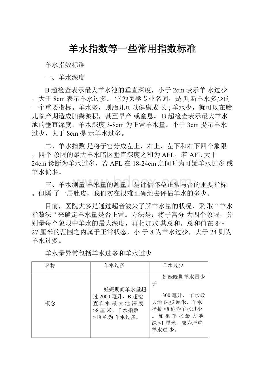 羊水指数等一些常用指数标准.docx