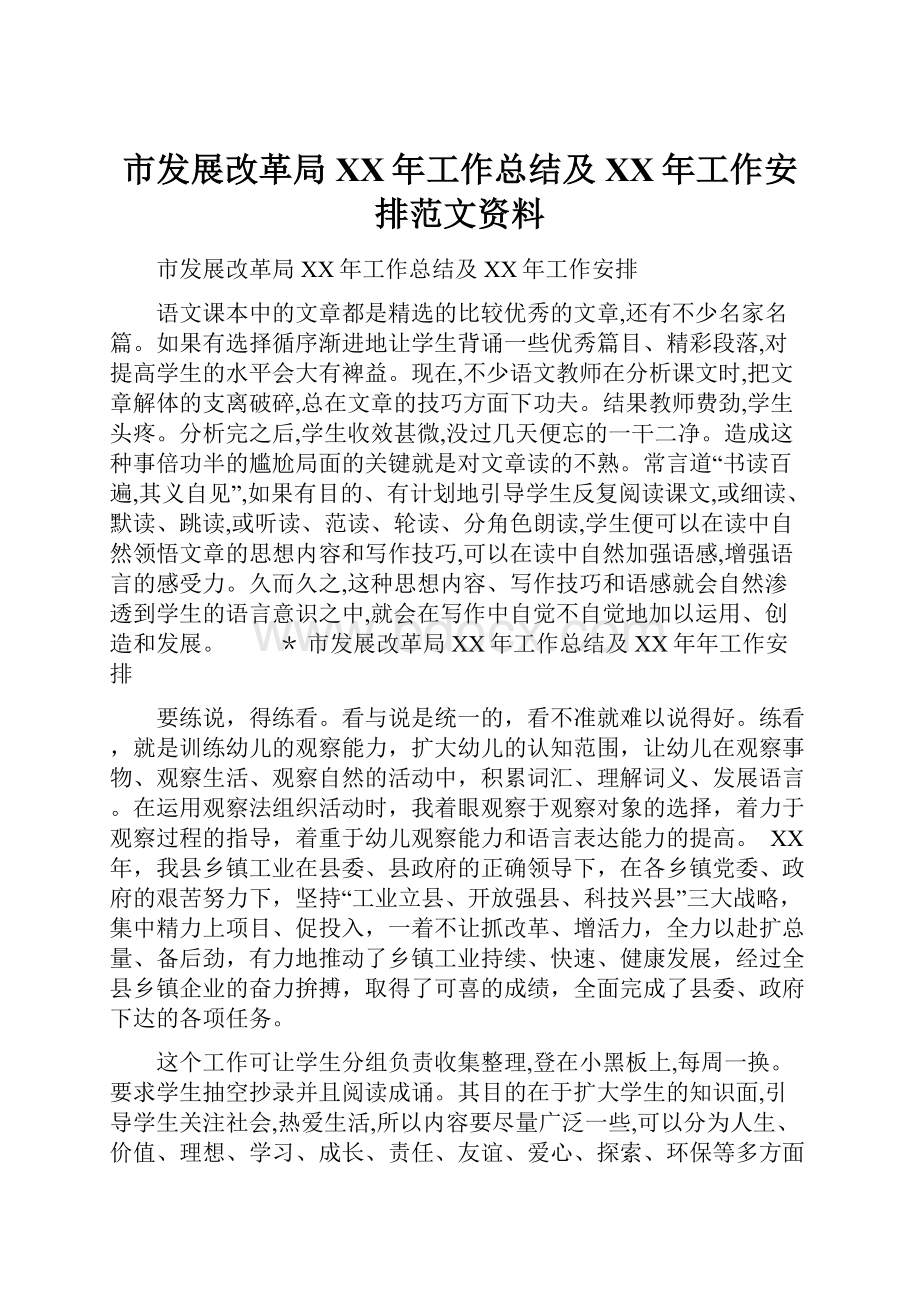 市发展改革局XX年工作总结及XX年工作安排范文资料.docx_第1页