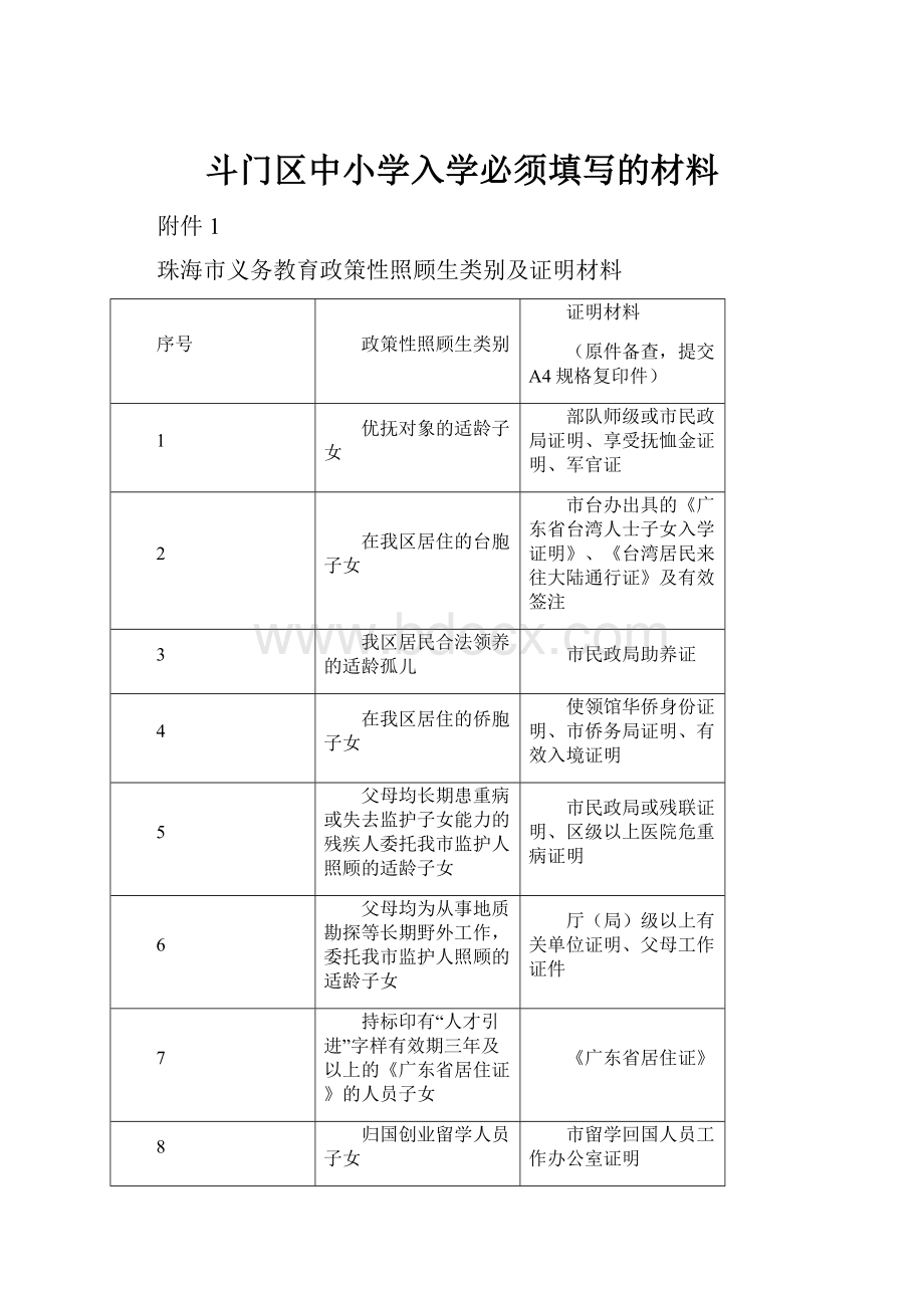 斗门区中小学入学必须填写的材料.docx_第1页