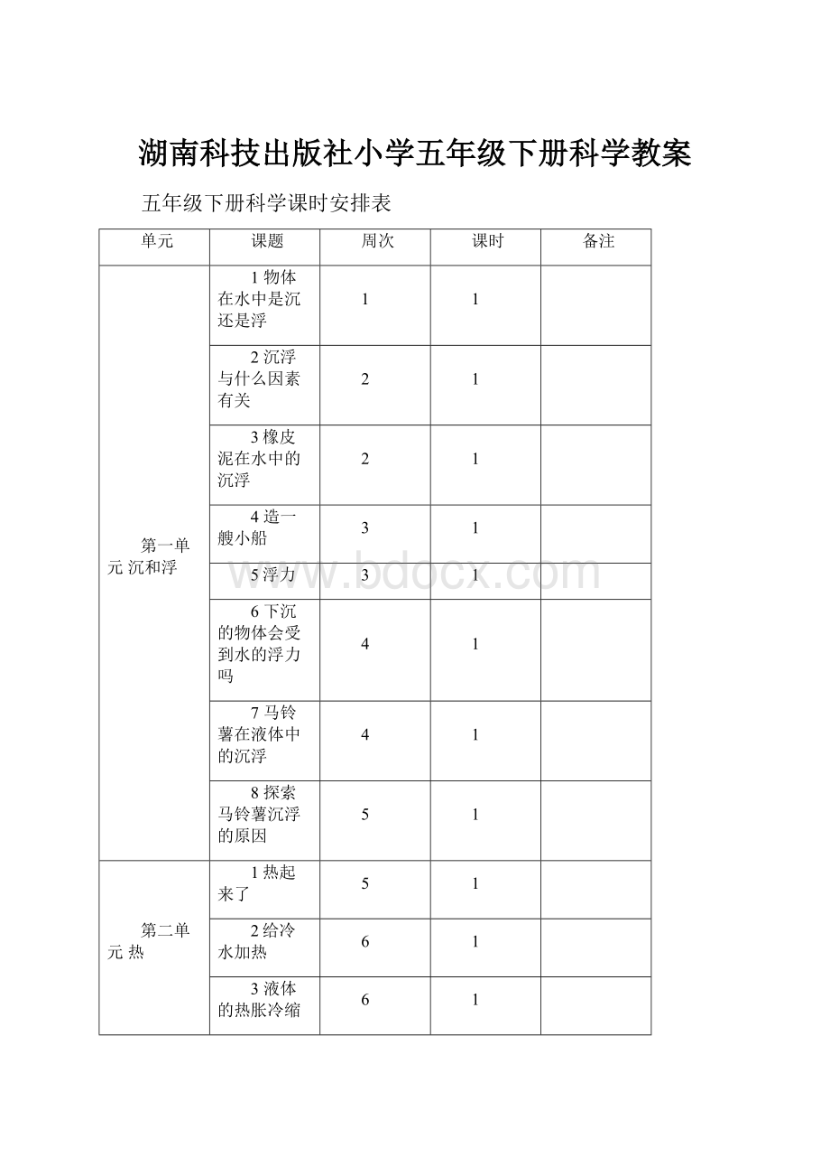 湖南科技出版社小学五年级下册科学教案.docx