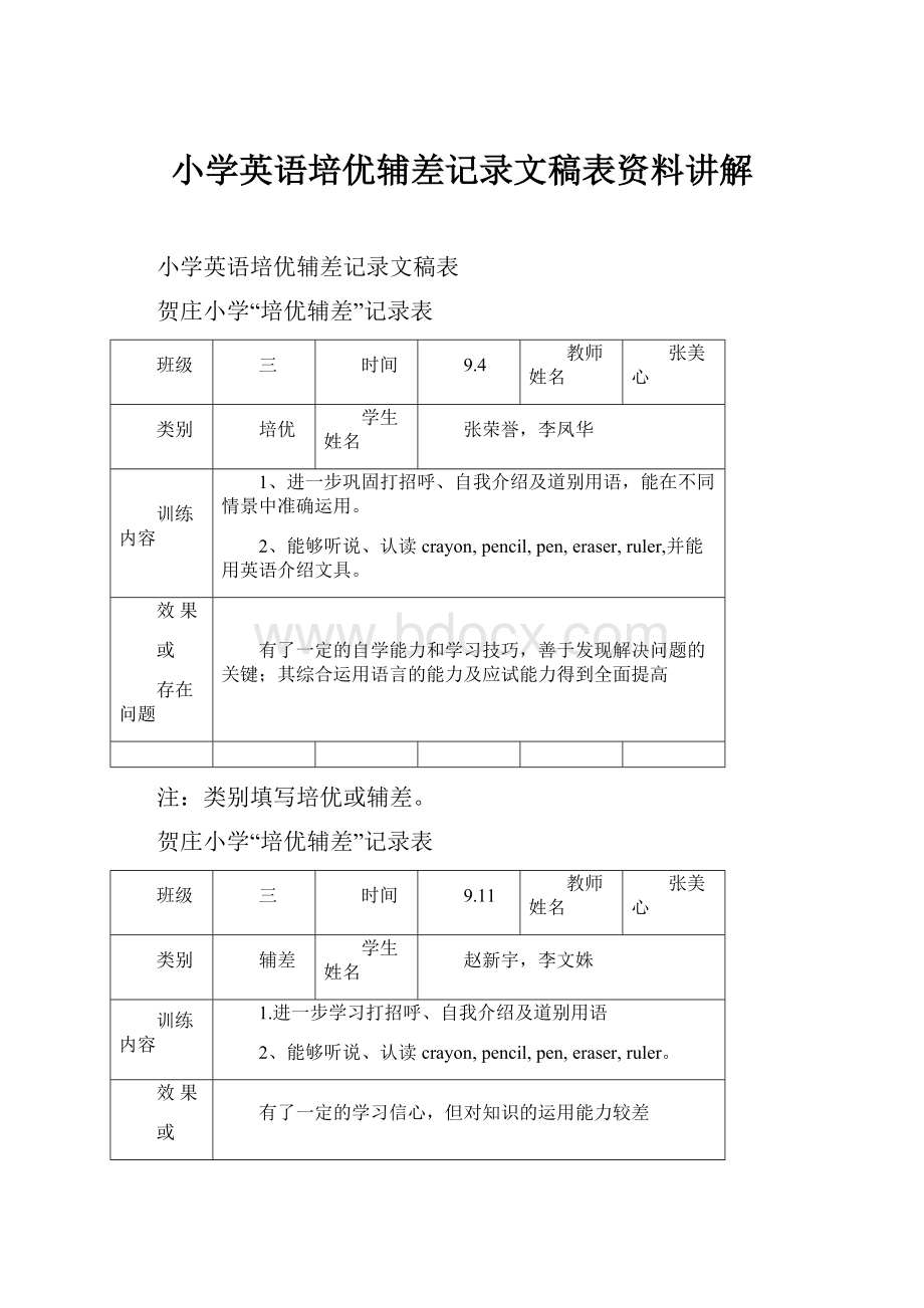 小学英语培优辅差记录文稿表资料讲解.docx