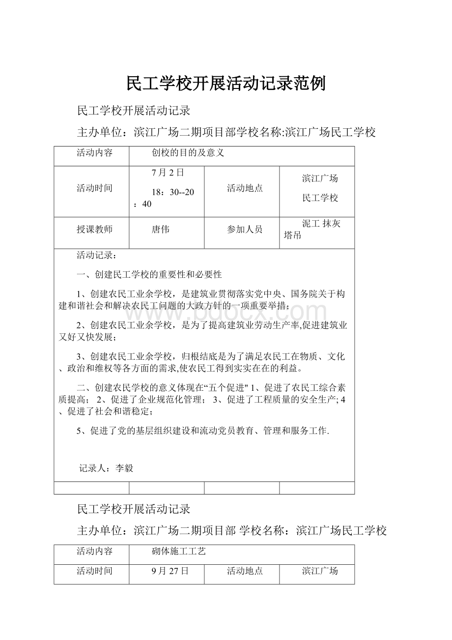 民工学校开展活动记录范例.docx_第1页