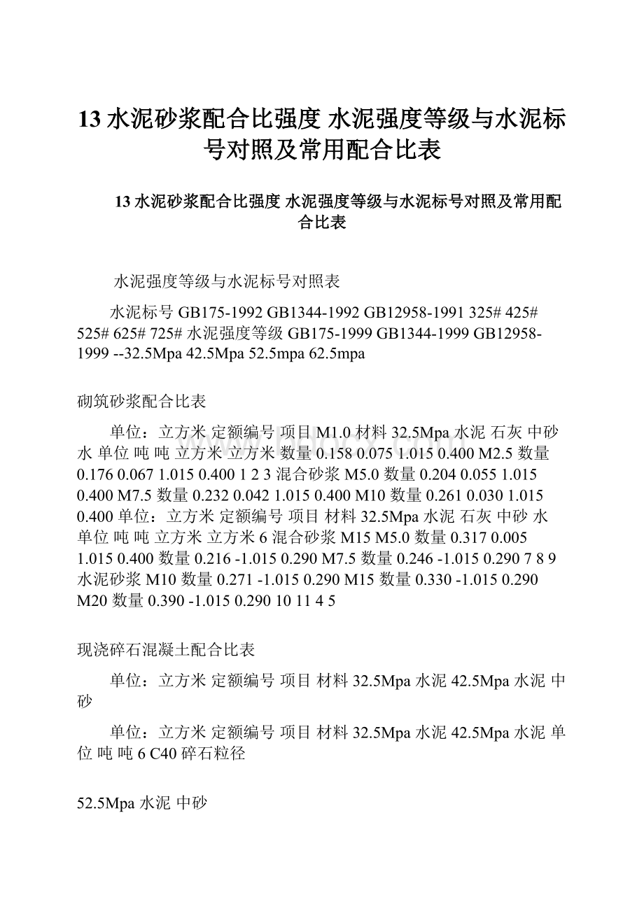 13水泥砂浆配合比强度 水泥强度等级与水泥标号对照及常用配合比表.docx_第1页