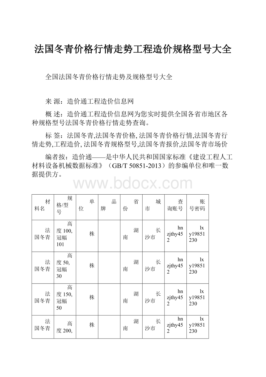 法国冬青价格行情走势工程造价规格型号大全.docx