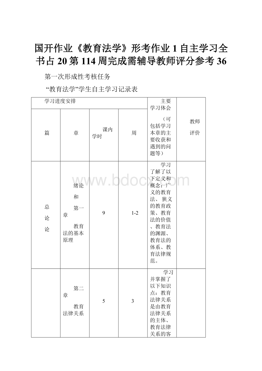 国开作业《教育法学》形考作业1自主学习全书占20第114周完成需辅导教师评分参考36.docx