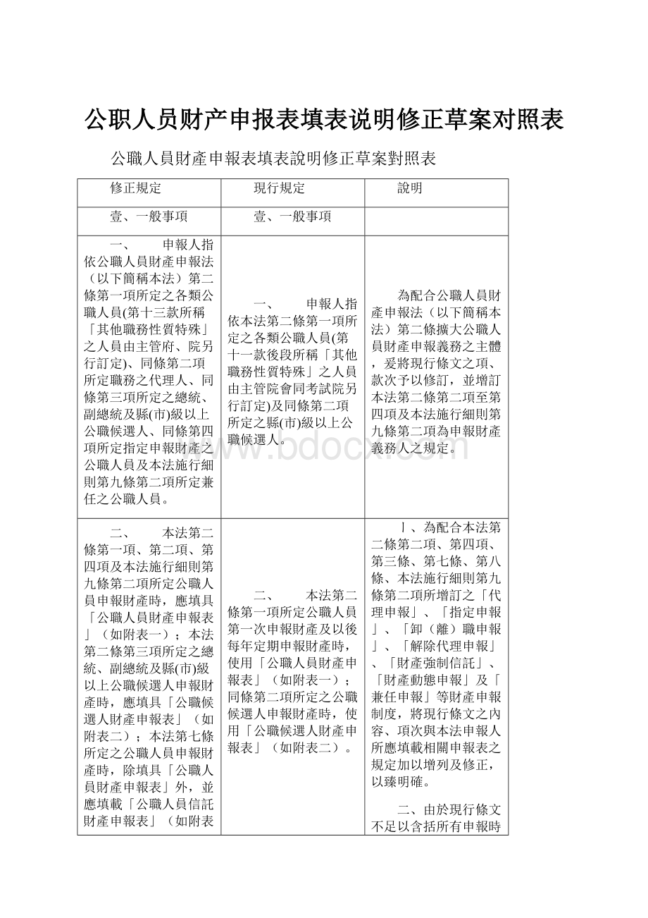 公职人员财产申报表填表说明修正草案对照表.docx