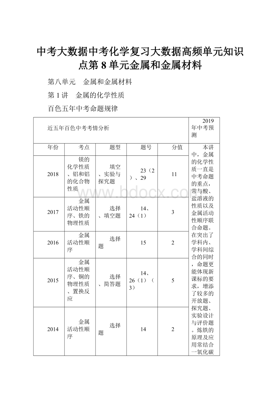 中考大数据中考化学复习大数据高频单元知识点第8单元金属和金属材料.docx