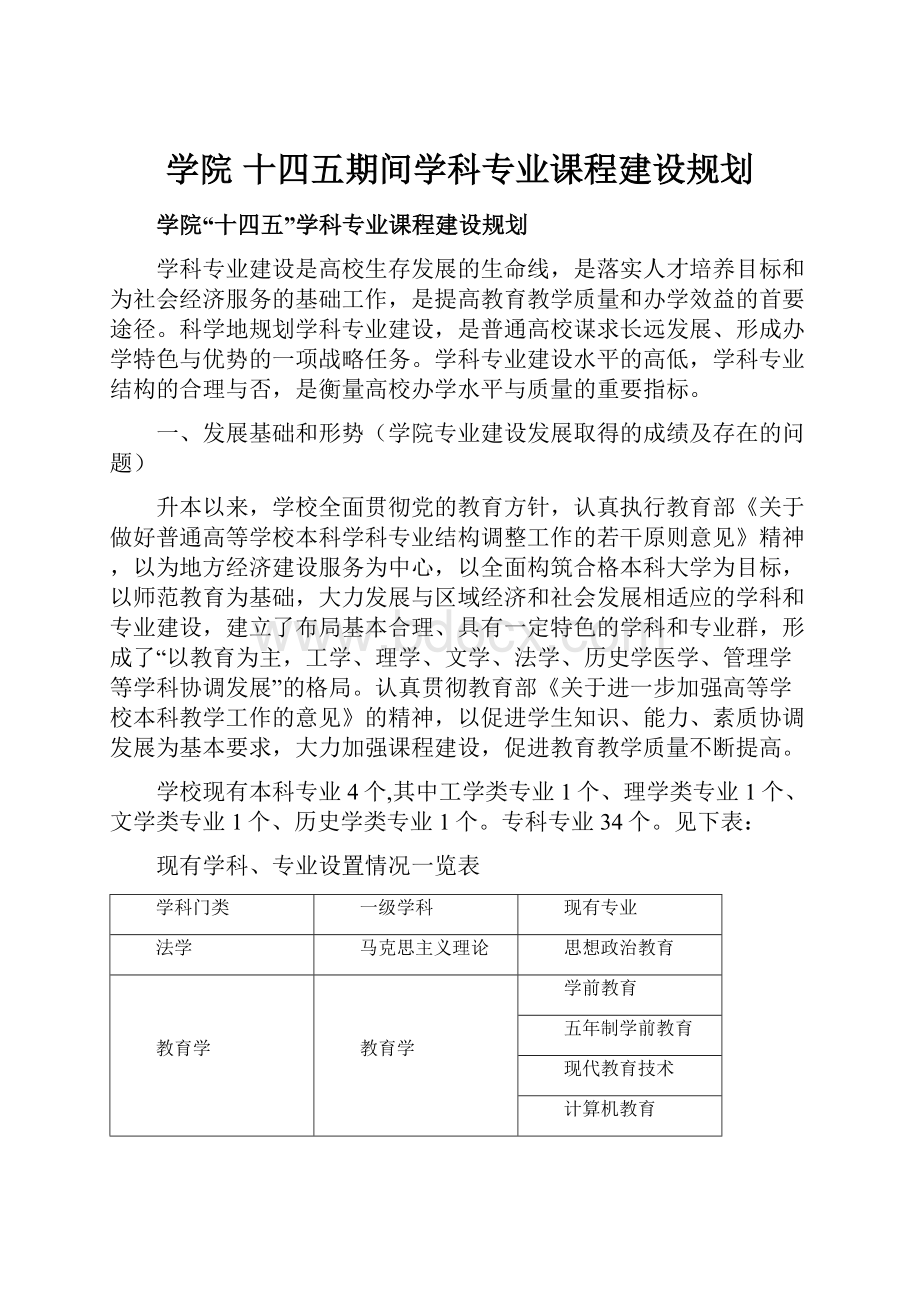 学院 十四五期间学科专业课程建设规划.docx