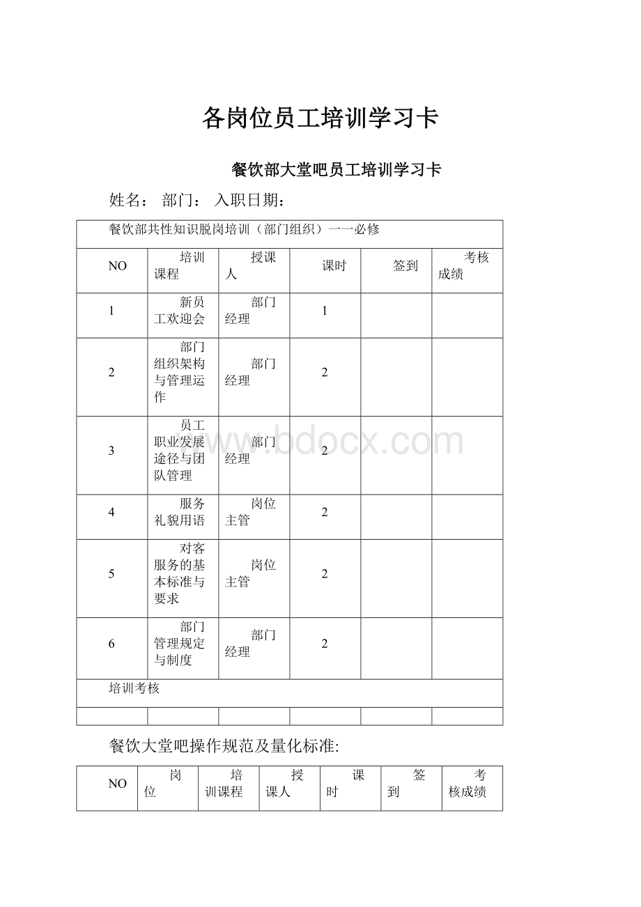 各岗位员工培训学习卡.docx