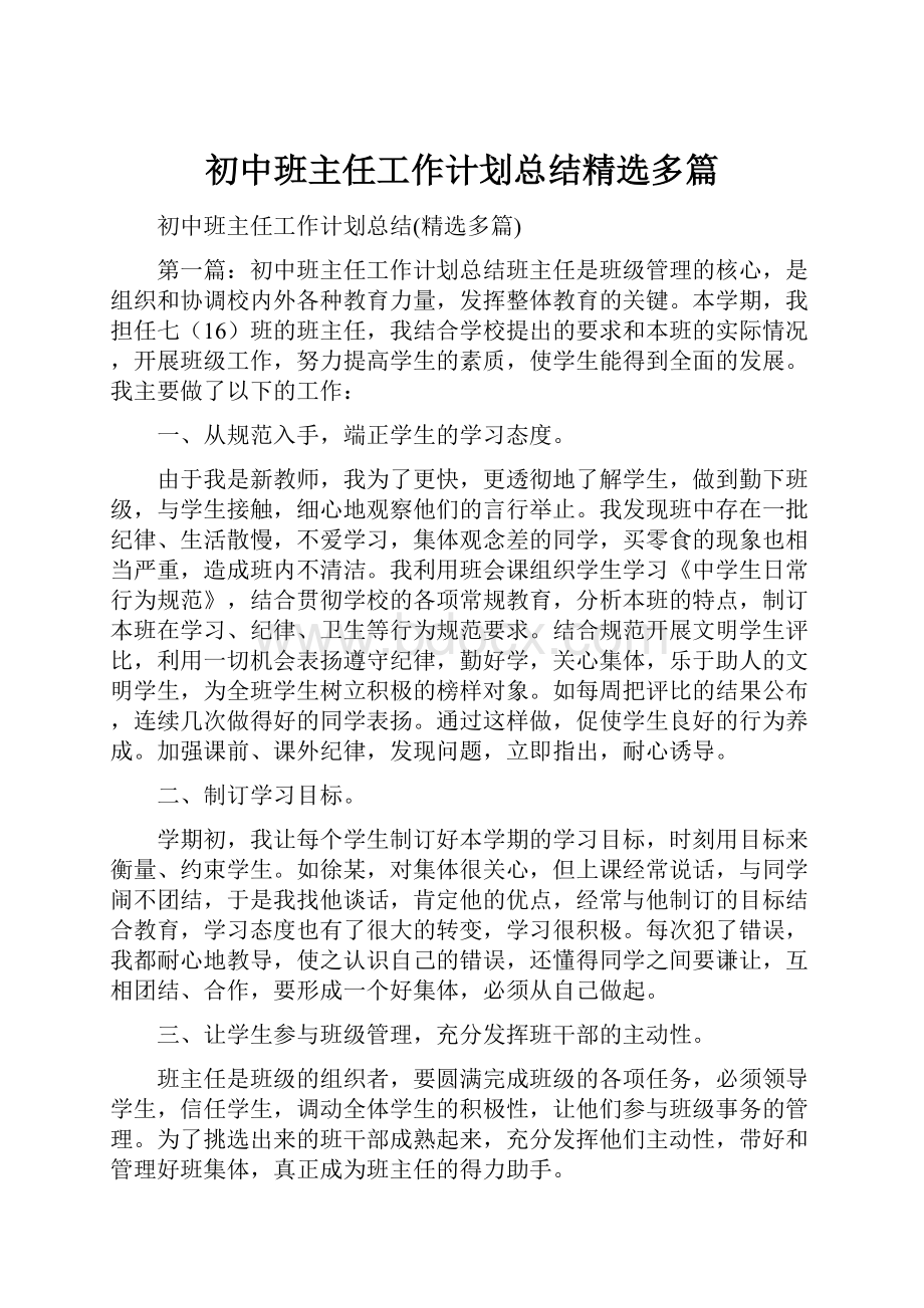 初中班主任工作计划总结精选多篇.docx