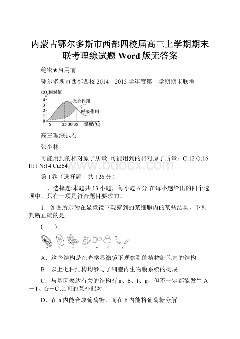 内蒙古鄂尔多斯市西部四校届高三上学期期末联考理综试题 Word版无答案.docx_第1页