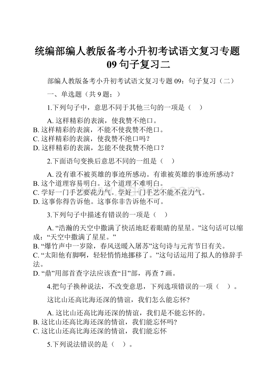 统编部编人教版备考小升初考试语文复习专题09句子复习二.docx