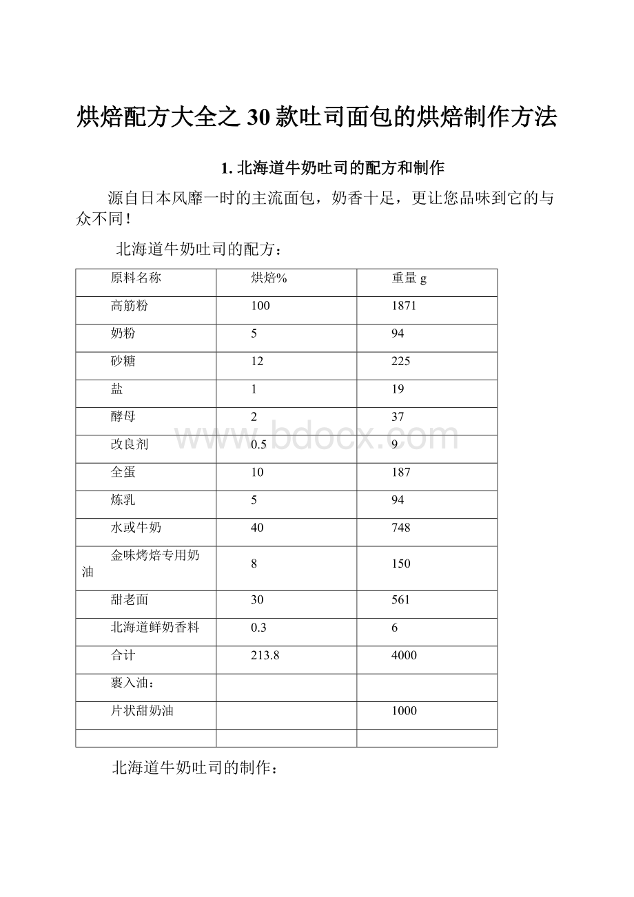 烘焙配方大全之30款吐司面包的烘焙制作方法.docx_第1页