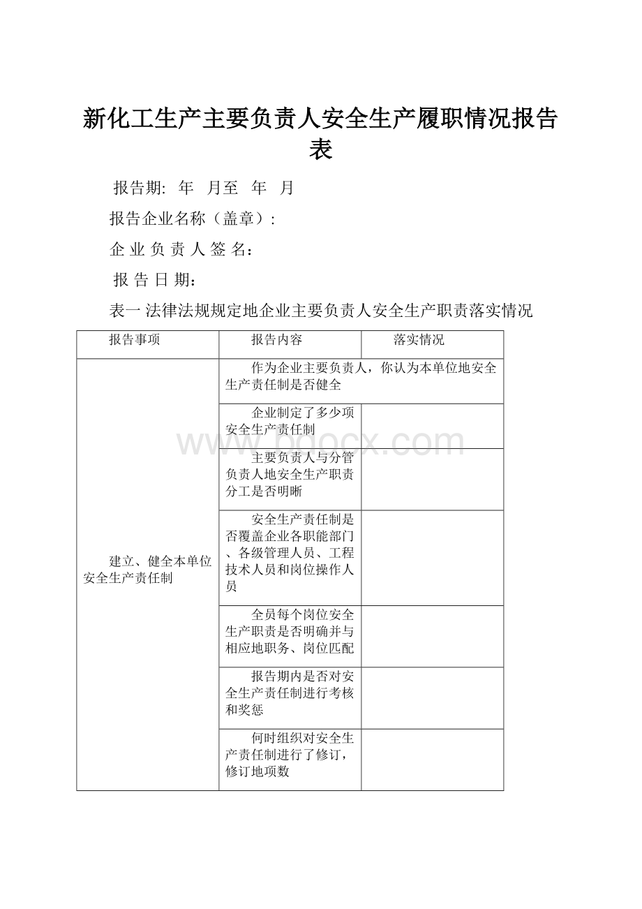 新化工生产主要负责人安全生产履职情况报告表.docx