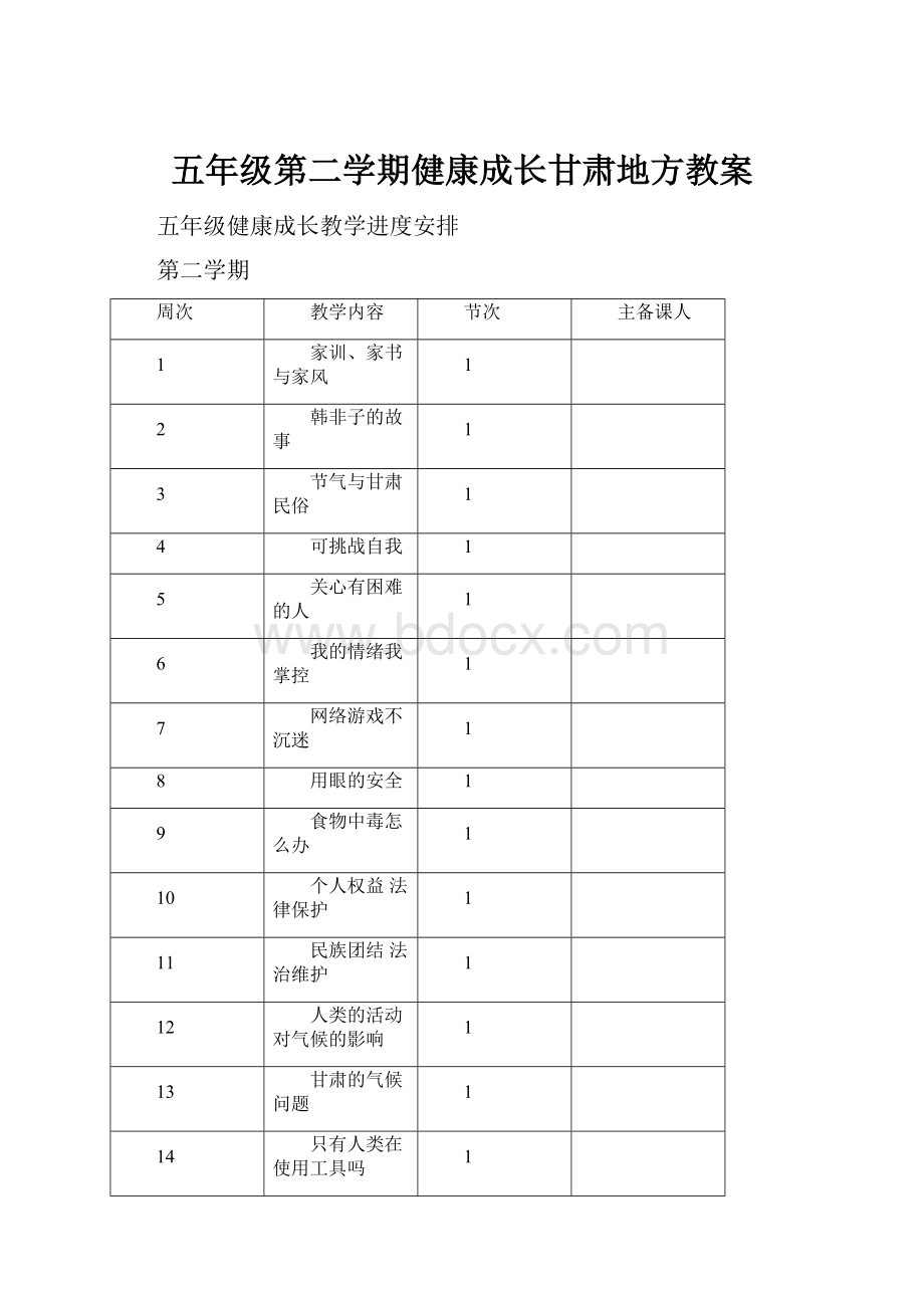 五年级第二学期健康成长甘肃地方教案.docx