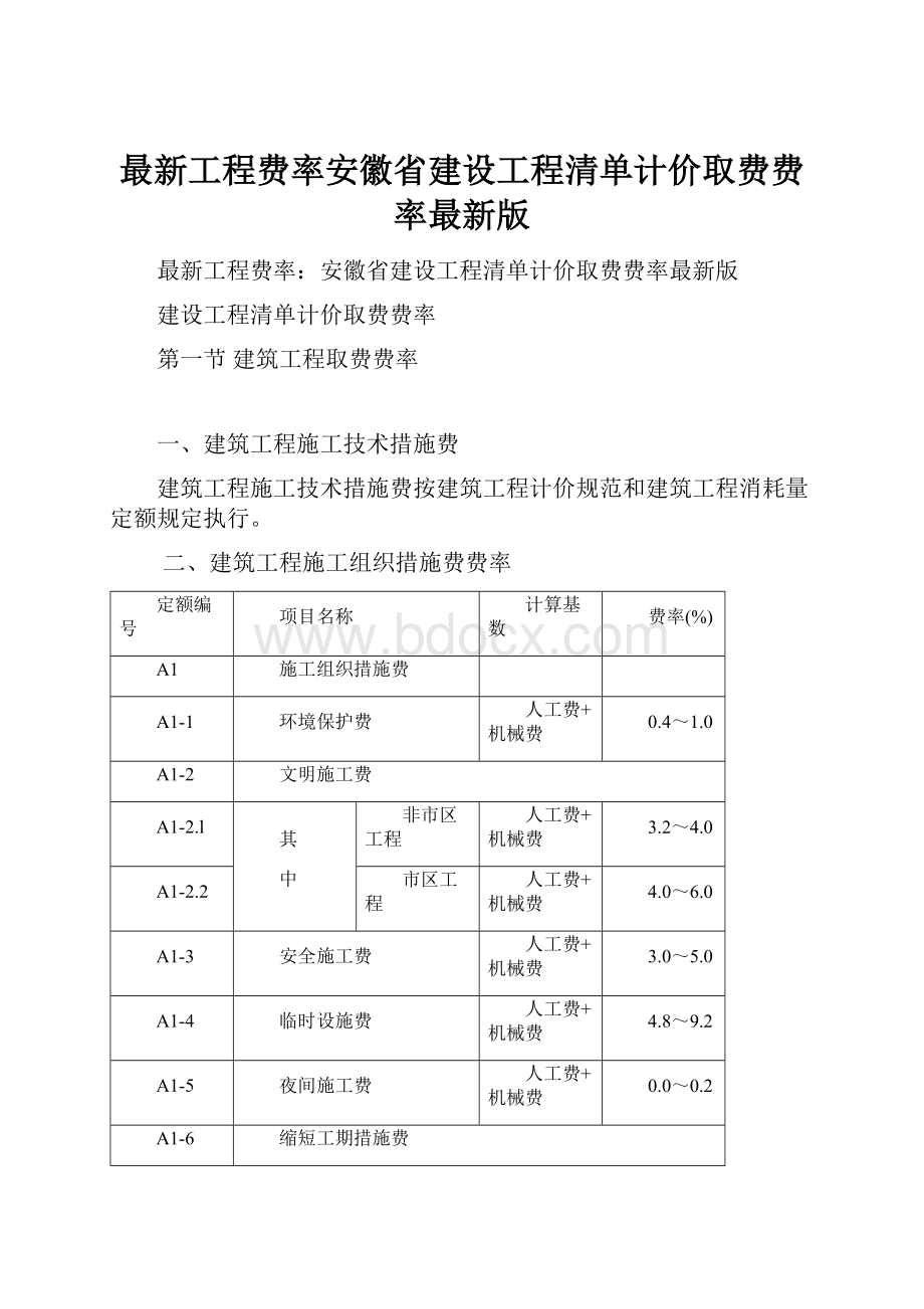 最新工程费率安徽省建设工程清单计价取费费率最新版.docx_第1页