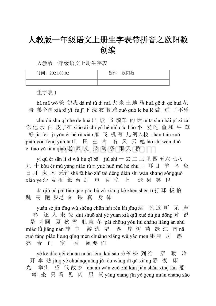 人教版一年级语文上册生字表带拼音之欧阳数创编.docx_第1页