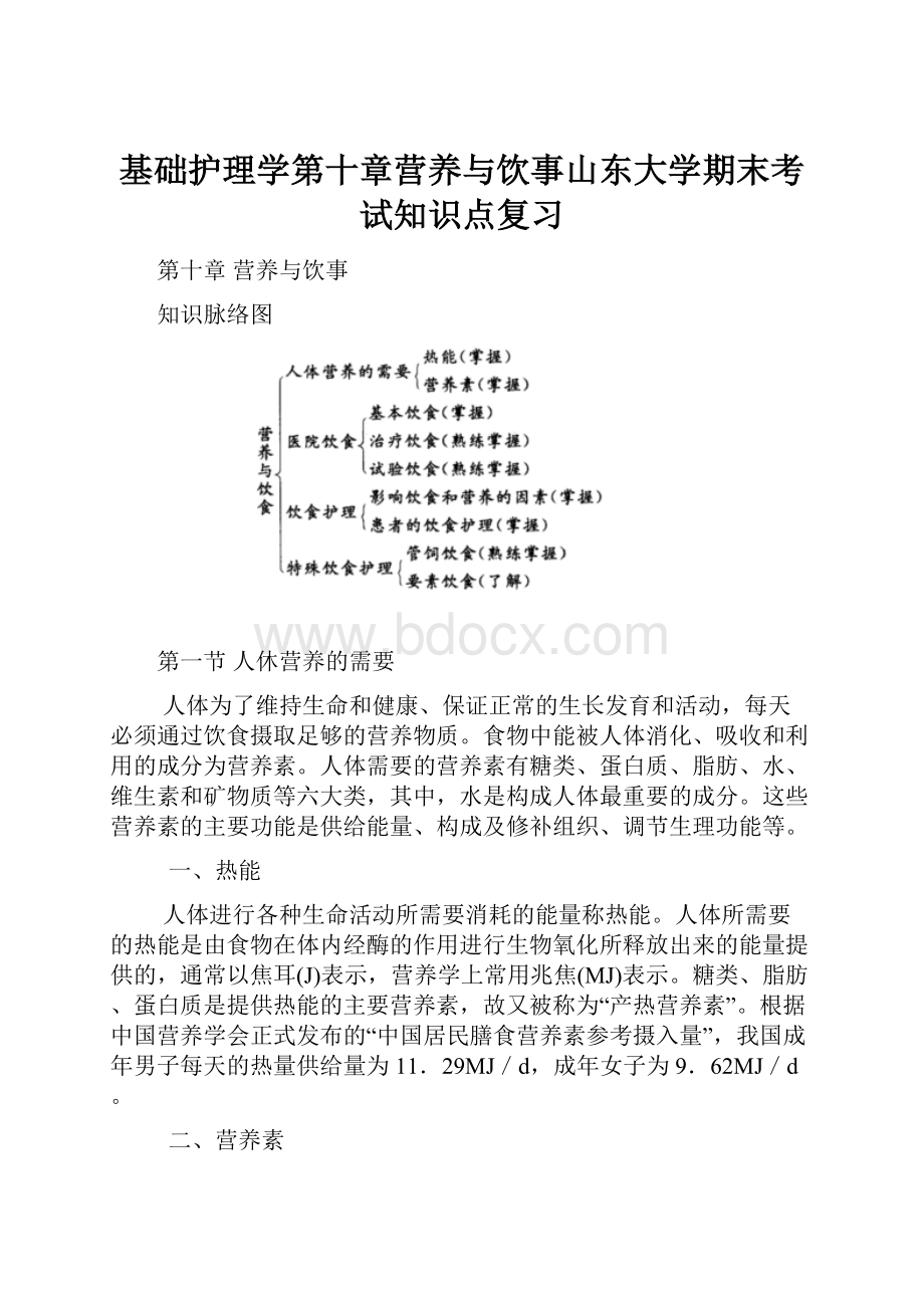 基础护理学第十章营养与饮事山东大学期末考试知识点复习.docx