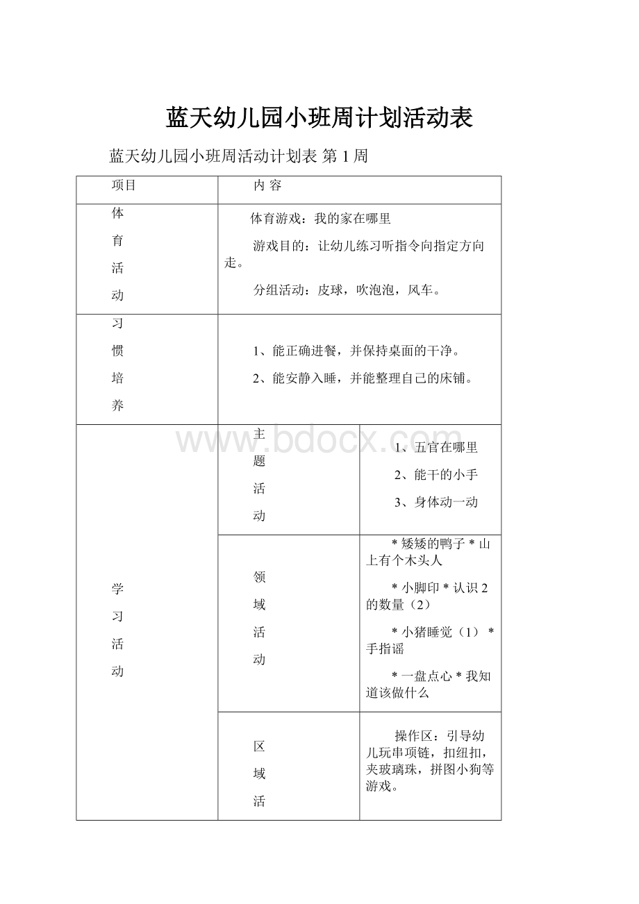 蓝天幼儿园小班周计划活动表.docx_第1页