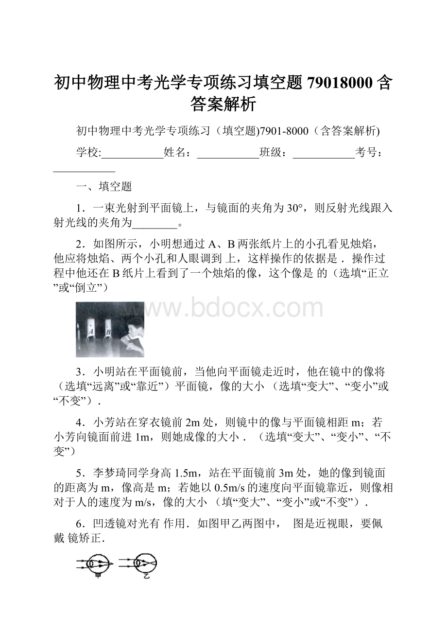 初中物理中考光学专项练习填空题79018000含答案解析.docx