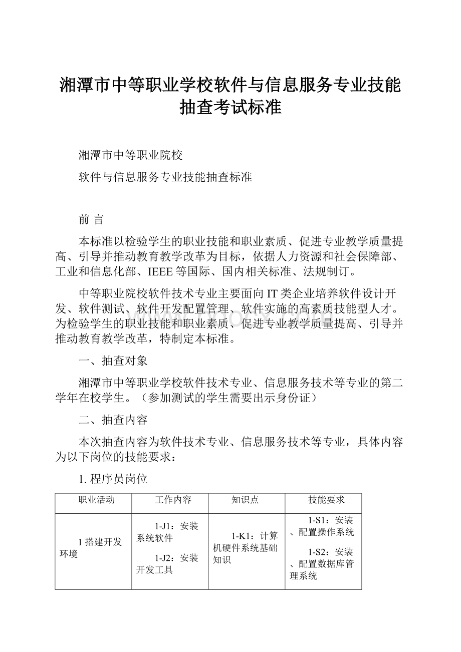 湘潭市中等职业学校软件与信息服务专业技能抽查考试标准.docx